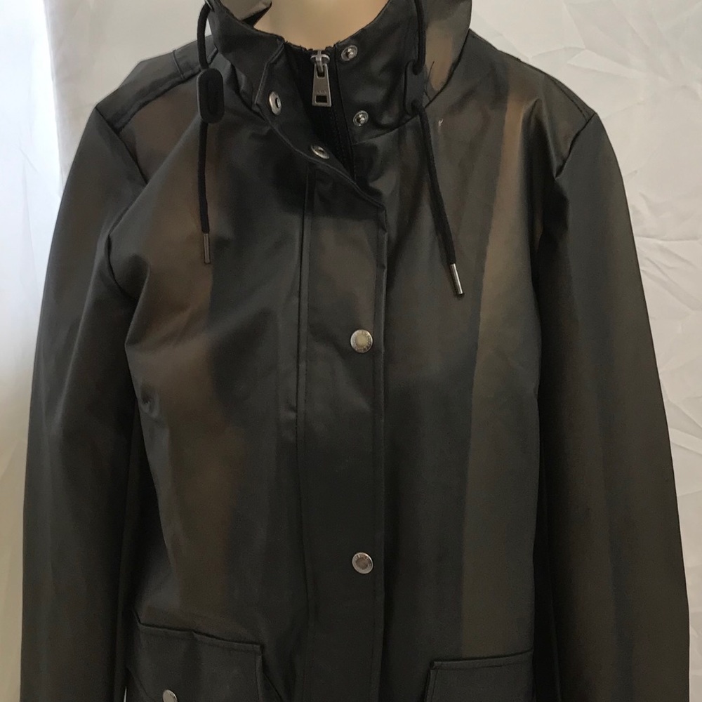 LEVI HOODED RUBBERIZED FAUX LEATHER BLACK JACKET-S